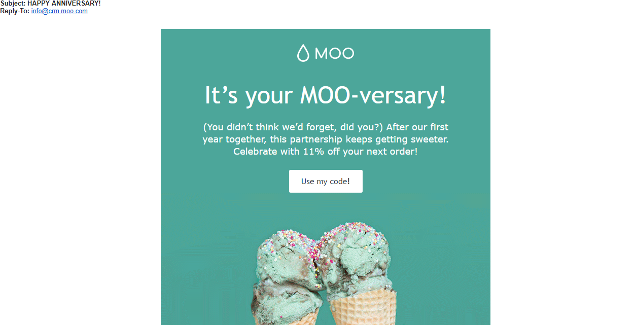 Moo.com anniversary email exceptional customer service